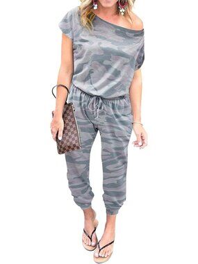 Women's Grey Camouflage Summer Dressy Outfits Off The Shoulder Imported Romper